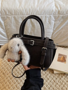 Retro coffee bucket bag with leather strap, plush bunny pendant, and top handles