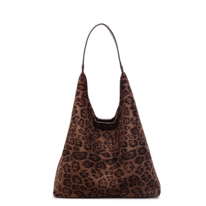 Grande borsa hobo leopardata in finto scamosciato con sottili manici in pelle