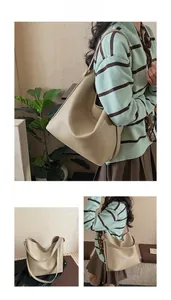 Detailed views of a beige pebbled leather tote bag showing large capacity and hobo shape