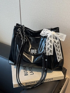 Women Large Capacity Glossy PU Leather Tote Bag With Lace Bow Decor Chain Shoulder Bag Daily Commuter Handbag