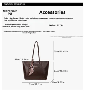 Detailed size chart and dimensions of the large brown PU leather tote bag with silk scarf