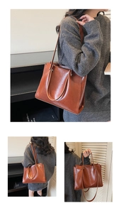 Detail of dark brown glossy leather tote bag showing large capacity and fine stitching