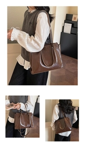 Three-angle view of large brown faux leather tote bag showing side and front profiles