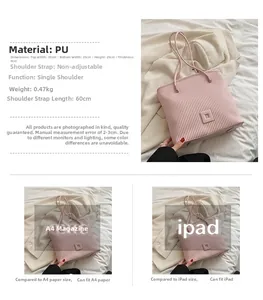 Pink pleated PU leather tote bag details showing size, A4 capacity, and 60cm shoulder strap