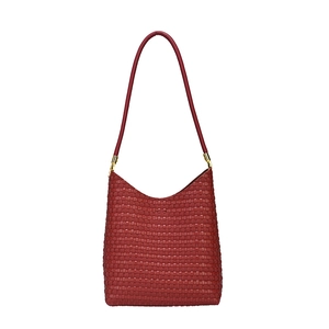 Large dark red woven leather hobo bag with a minimalist slouchy tote design and gold hardware