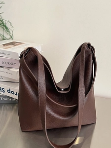 Large capacity dark brown litchi pattern bucket tote bag with minimalist shoulder straps