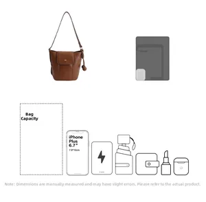 Brown leather bucket bag interior capacity guide showing storage for 6.7-inch iPhone and daily items