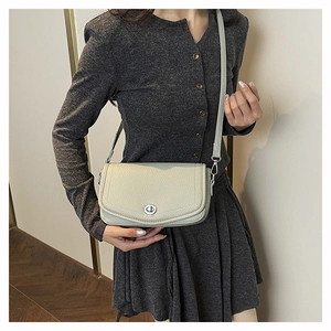 Light grey lychee pattern leather shoulder bag shown on model with silver metal twist lock