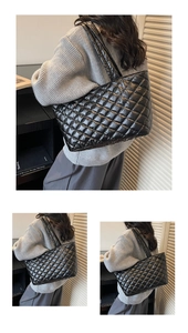 Three-view display of black quilted tote bag showing large capacity and quilted texture