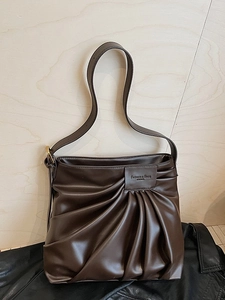 Large dark brown pleated tote bag in textured faux leather with vintage gold hardware