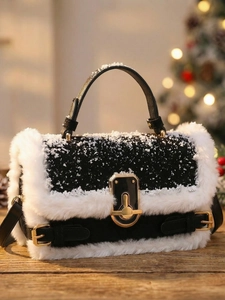 Borsa a tracolla alla moda in patchwork di lana d'agnello bianco e nero con chiusura d'oro