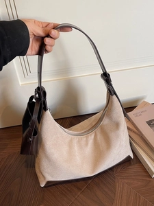 Beige suede hobo bag with brown leather trim and detachable mini pouch for women