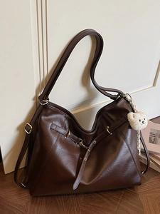 Retro deep brown tote bag with large capacity and cute white teddy bear pendant accessory