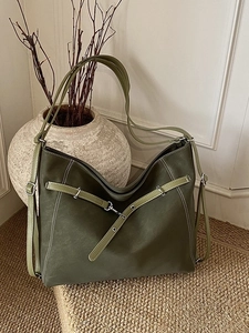 Retro olive green large capacity leather tote bag with contrasting light green straps