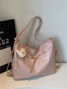 Pink vintage PU leather tote bag with large capacity and cute bear charm for daily commute