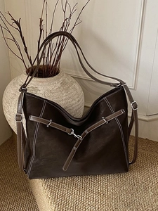 Vintage dark brown suede tote bag with contrast stitching and large capacity for women
