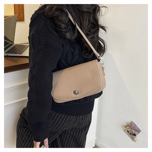 Detail of lychee pattern leather shoulder bag with a silver metal twist lock closure