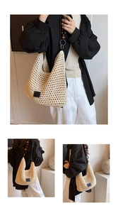 Detail of bohemian hollow knit bag featuring wooden bead strap and leather patch