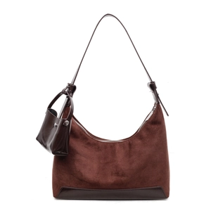 Vintage brown crescent bag in suede and leather with mini pouch on shoulder strap