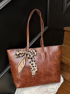 Vintage Large Capacity PU Leather Tote Bag For Women Stitched Retro Shoulder Bag With Leopard Print Scarf Commuting Handbag