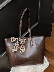 Vintage large capacity dark brown tote bag with leopard silk scarf and long handles