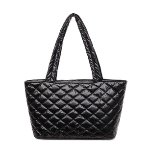 Quilted black tote bag with glossy finish and diamond lattice pattern for daily fashion