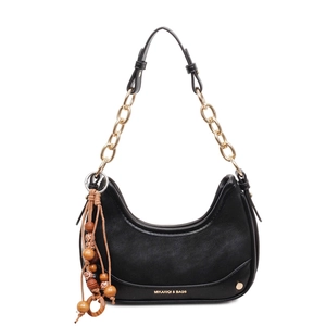 Chic black patent leather crescent hobo bag with gold chain and beaded tassel details