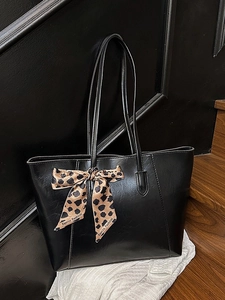 Vintage black PU leather tote bag with leopard print silk scarf and large capacity design