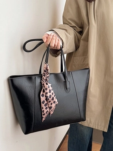 Large vintage black faux leather tote bag with stylish leopard print silk scarf