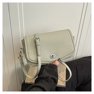 Detail of sage green lychee grain leather crossbody bag with silver rotating metal lock
