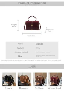 Size guide for matte suede handbag showing dimensions 19cm x 13cm x 7cm with color options