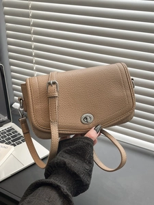 Chic khaki crossbody bag with lychee texture and silver twist lock shown in a hand