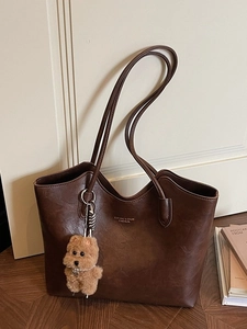 Vintage Large Capacity PU Leather Tote Bag For Women Solid Color Shoulder Bag Stylish Stitching Commuter Handbag With Pendant