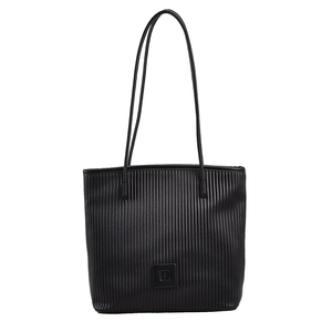 Chic black pleated tote bag for women with minimalist vertical texture and shoulder strap