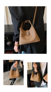 Three-view layout of brown litchi pattern leather handbag with silver twist lock