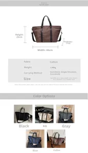 Detail view of large commuter tote bag with rivets and various color options for selection