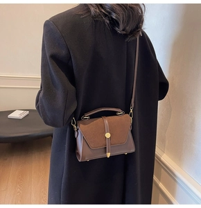 Brown vintage handbag with matte finish and gold metal buckle shown on a model