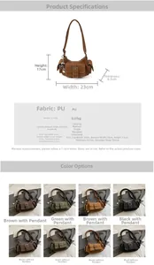 Detailed size specifications and color comparison of the multi-pocket retro baguette bag