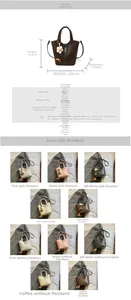 Detailed comparison of PU bucket bags in various sizes and colors with floral charms