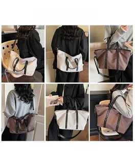 Detailed views of vintage rivet tote bag in cream and brown with multiple carry styles