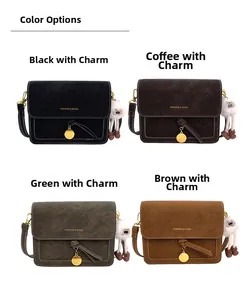 Four colors of vintage crossbody square bags with plush pendants and metal details