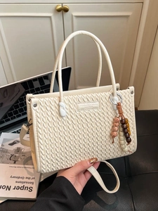 Vintage Women PU Leather Tote Bag Woven Texture Handbag Fashion Shoulder Crossbody Bag With Beaded Charm Elegant Lady Satchel