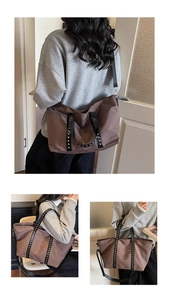Detailed views of a brown tote bag featuring silver rivet studs and a black leather handle