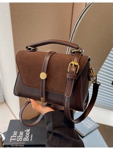 Brown frosted leather crossbody bag with vintage gold buckle and top handle for women