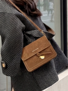 Retro brown vintage crossbody square bag with gold metal buckle and knotted strap