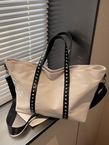 Grand Sac Cabas en Nylon pour Femme Décoration de Rivet Élégante Couleur Unie Mode Urbaine Simple Sac à Main Bandoulière