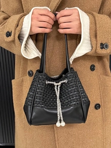 Chic black woven PU leather bucket bag with pearl drawstring for women's daily fashion