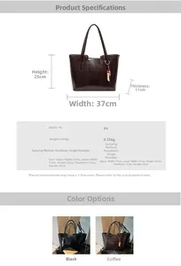 Detailed chart showing PU leather tote bag dimensions and available color options