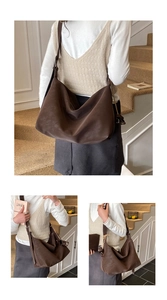 Three-way view of a large brown suede hobo tote bag worn as a shoulder and crossbody bag