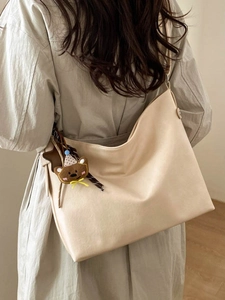 Grand Sac Hobo en Cuir PU pour Femmes Sac Fourre-tout Rétro Décontracté Avec Pendentif Ours Minimaliste Sac à Main de Navettage